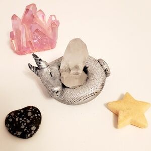 Silver sleeping dragon with crystal point, rainbow shimmer, great condition